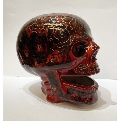 338 - A VINTAGE ANITA HARRIS SKULL FIGURINE, highly decorative with gilt painted details, stamped and sign... 