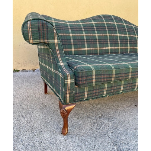 345 - A NICELY UPHOLSTERED GOOD QUALITY MAHOGANY FARMED CAMEL BACK SOFA, with cabriole shaped leg; having ... 