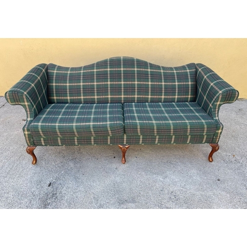 345 - A NICELY UPHOLSTERED GOOD QUALITY MAHOGANY FARMED CAMEL BACK SOFA, with cabriole shaped leg; having ... 