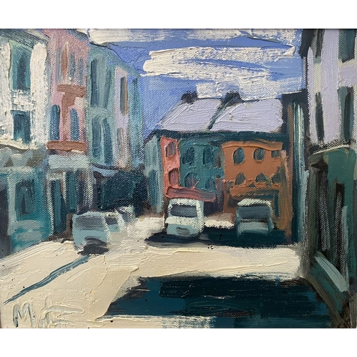 35 - MARTIN STONE (Irish, 20th Century), ‘SKIBBEREEN BRIDGE ST’, oil on canvas, signed lower left, inscri... 