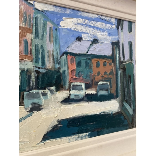 35 - MARTIN STONE (Irish, 20th Century), ‘SKIBBEREEN BRIDGE ST’, oil on canvas, signed lower left, inscri... 