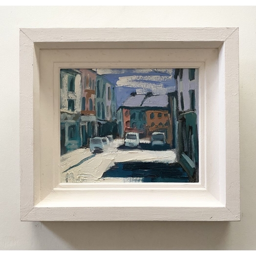 35 - MARTIN STONE (Irish, 20th Century), ‘SKIBBEREEN BRIDGE ST’, oil on canvas, signed lower left, inscri... 