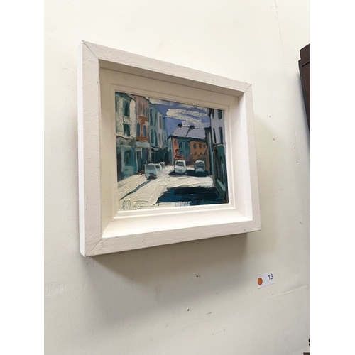 35 - MARTIN STONE (Irish, 20th Century), ‘SKIBBEREEN BRIDGE ST’, oil on canvas, signed lower left, inscri... 