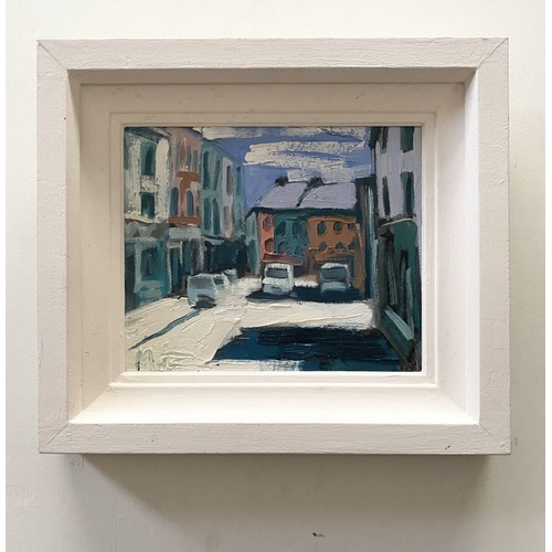 35 - MARTIN STONE (Irish, 20th Century), ‘SKIBBEREEN BRIDGE ST’, oil on canvas, signed lower left, inscri... 