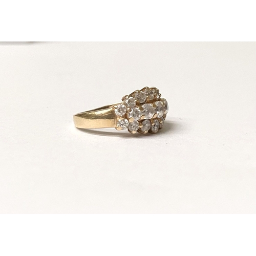 374 - A STUNNING 14CT YELLOW GOLD TRIPLE ROW CLUSTER RING, with five graduated clear gemstones to centre, ... 