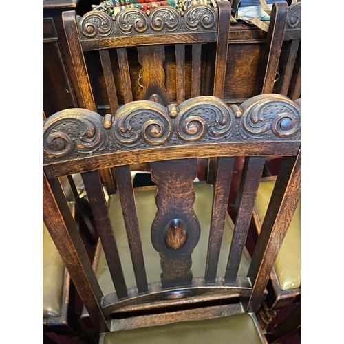 377 - A SET OF SIX BARLEY TWIST DINING CHAIRS, with carving to top rail and shaped splat to back, above le... 