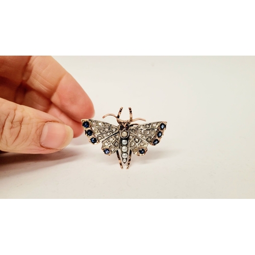 4 - A BEAUTIFUL VICTORIAN ROSE GOLD DIAMOND, SAPPHIRE, PEARL & GARNET BUTTERFLY BRROCH, lovely sparkle t... 