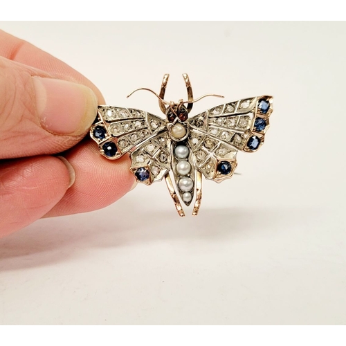 4 - A BEAUTIFUL VICTORIAN ROSE GOLD DIAMOND, SAPPHIRE, PEARL & GARNET BUTTERFLY BRROCH, lovely sparkle t... 