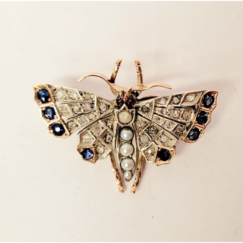 4 - A BEAUTIFUL VICTORIAN ROSE GOLD DIAMOND, SAPPHIRE, PEARL & GARNET BUTTERFLY BRROCH, lovely sparkle t... 