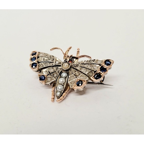 4 - A BEAUTIFUL VICTORIAN ROSE GOLD DIAMOND, SAPPHIRE, PEARL & GARNET BUTTERFLY BRROCH, lovely sparkle t... 