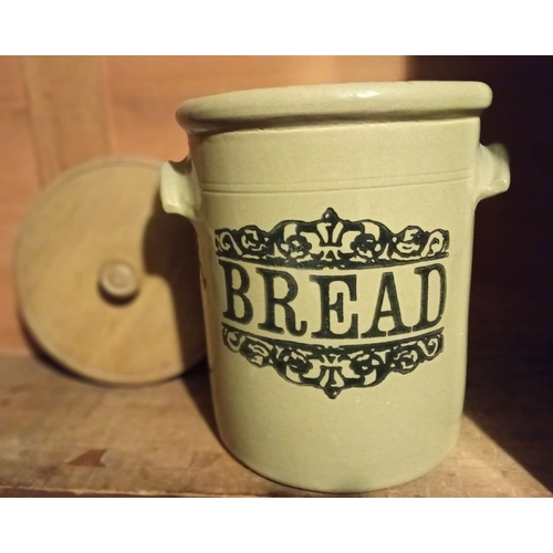 44 - A LARGE VINTAGE STONEWARE BREAD CROCK, with wooden lid & decorative lettering. Dimensions 35cm high ... 