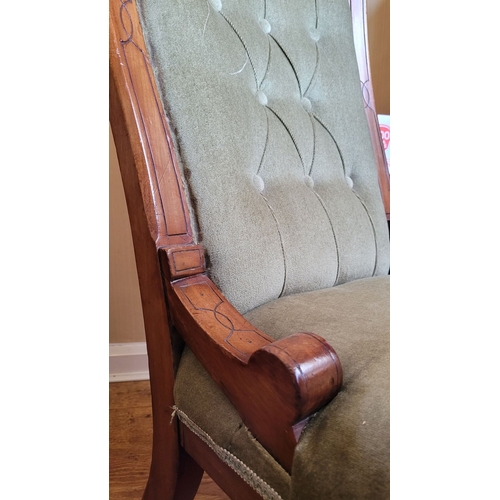 46 - A GOOD QUALITY EDWARDIAN NURSING / LOW RISE CHAIR, with button back & carved detail to the frame. Ra... 