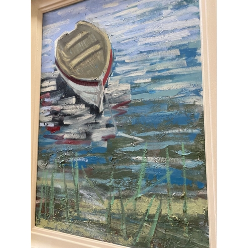 47 - MARTIN STONE (Irish, 20th Century), ‘RIVER + BOAT’, oil on canvas, signed lower right, inscribed ver... 