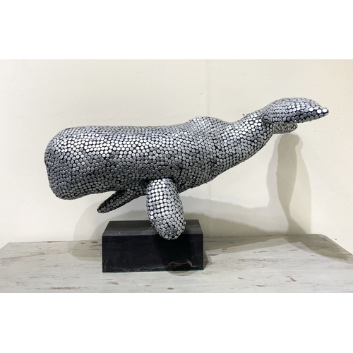 60 - KEN PARKER (Irish, 20th Century), ‘WHALE’ mixed media sculpture, on hardwood base. Dimensions: 31cm ... 