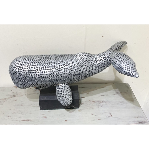 60 - KEN PARKER (Irish, 20th Century), ‘WHALE’ mixed media sculpture, on hardwood base. Dimensions: 31cm ... 