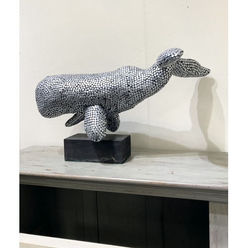 60 - KEN PARKER (Irish, 20th Century), ‘WHALE’ mixed media sculpture, on hardwood base. Dimensions: 31cm ... 