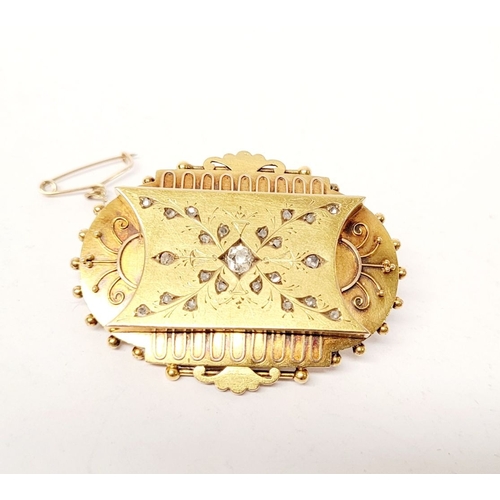 61 - A VERY BEAUTIFUL CASED LATE 19TH CENTURY GOLD & DIAMOND MOURNING BROOCH, circa 1880, 5 x 3.5 x 1cm.