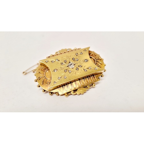 61 - A VERY BEAUTIFUL CASED LATE 19TH CENTURY GOLD & DIAMOND MOURNING BROOCH, circa 1880, 5 x 3.5 x 1cm.