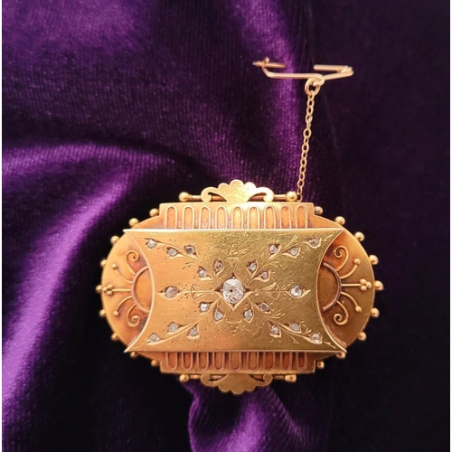 61 - A VERY BEAUTIFUL CASED LATE 19TH CENTURY GOLD & DIAMOND MOURNING BROOCH, circa 1880, 5 x 3.5 x 1cm.