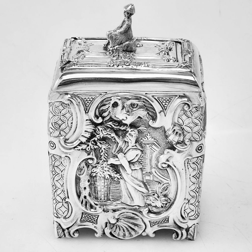 90 - A RARE IRISH VICTORIAN CHINOISERIE SILVER TEA CADDY, Hallmarked Maker Morton, Dublin, 1896. Of uprig... 