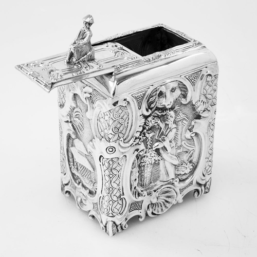 90 - A RARE IRISH VICTORIAN CHINOISERIE SILVER TEA CADDY, Hallmarked Maker Morton, Dublin, 1896. Of uprig... 