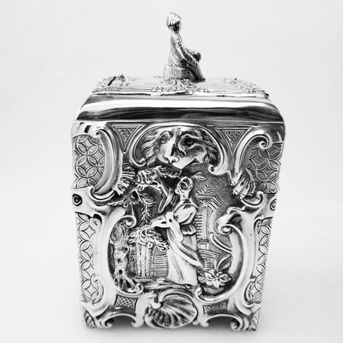 90 - A RARE IRISH VICTORIAN CHINOISERIE SILVER TEA CADDY, Hallmarked Maker Morton, Dublin, 1896. Of uprig... 