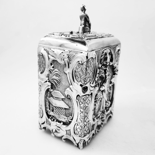 90 - A RARE IRISH VICTORIAN CHINOISERIE SILVER TEA CADDY, Hallmarked Maker Morton, Dublin, 1896. Of uprig... 