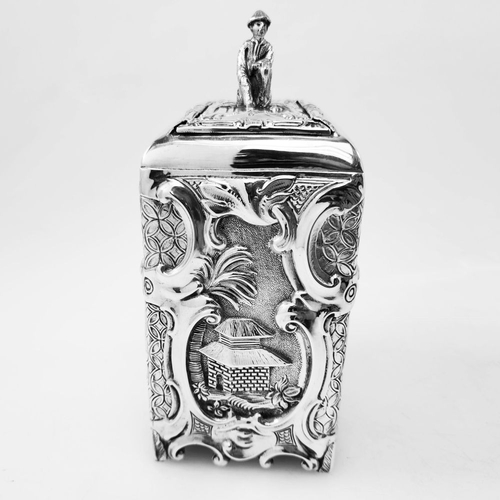 90 - A RARE IRISH VICTORIAN CHINOISERIE SILVER TEA CADDY, Hallmarked Maker Morton, Dublin, 1896. Of uprig... 