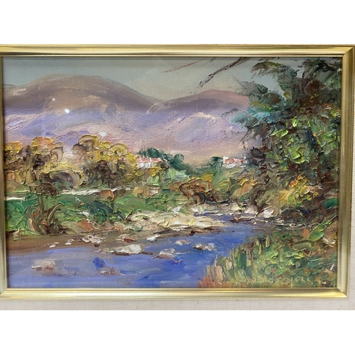 92 - DEIRDRE O’ DONNELL (Irish, 20th Century), ‘RIVERSIDE LANDSCAPE’, oil on board, signed lower right, i... 