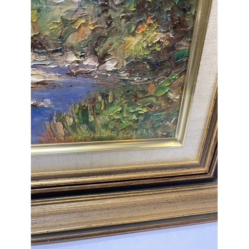 92 - DEIRDRE O’ DONNELL (Irish, 20th Century), ‘RIVERSIDE LANDSCAPE’, oil on board, signed lower right, i... 