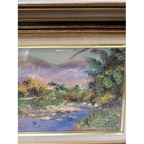 92 - DEIRDRE O’ DONNELL (Irish, 20th Century), ‘RIVERSIDE LANDSCAPE’, oil on board, signed lower right, i... 