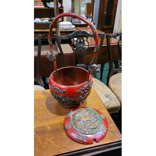 93 - A VERY GOOD VINTAGE RED-LAQUERED CHINESE WEDDING GIFT BASKET, the upright curved handle decorated wi... 