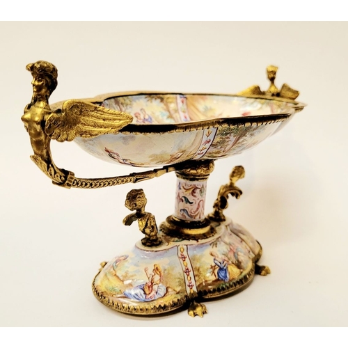 95 - A BEAUTIFULLY DECORATED VIENNESE ENAMELLED CENTRE PIECE, the lobed shaped bowl & base decorated to t... 