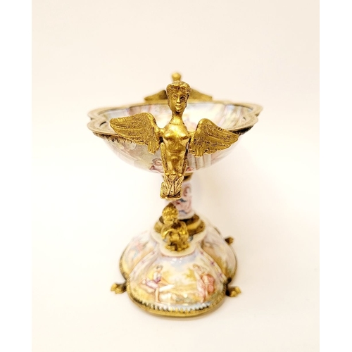 95 - A BEAUTIFULLY DECORATED VIENNESE ENAMELLED CENTRE PIECE, the lobed shaped bowl & base decorated to t... 