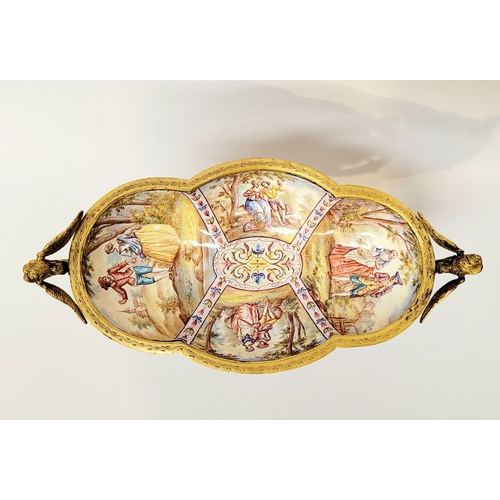 95 - A BEAUTIFULLY DECORATED VIENNESE ENAMELLED CENTRE PIECE, the lobed shaped bowl & base decorated to t... 