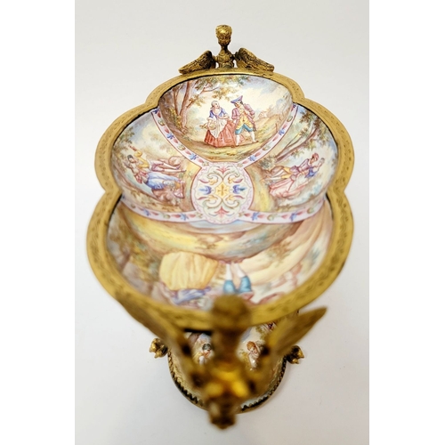 95 - A BEAUTIFULLY DECORATED VIENNESE ENAMELLED CENTRE PIECE, the lobed shaped bowl & base decorated to t... 