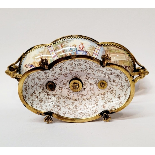 95 - A BEAUTIFULLY DECORATED VIENNESE ENAMELLED CENTRE PIECE, the lobed shaped bowl & base decorated to t... 