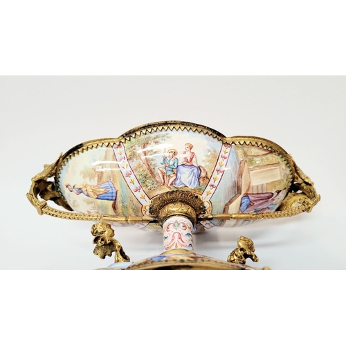 95 - A BEAUTIFULLY DECORATED VIENNESE ENAMELLED CENTRE PIECE, the lobed shaped bowl & base decorated to t... 