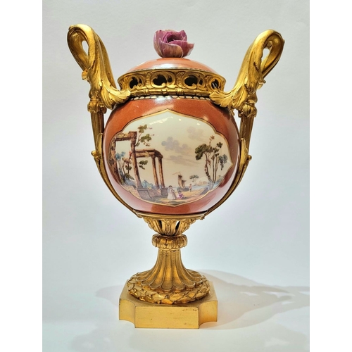 96 - AN ORMOLU MOUNTED MEISSEN PORCELAIN LIDDED VESSEL, the lid mounted with a rose blossom finial, the b... 