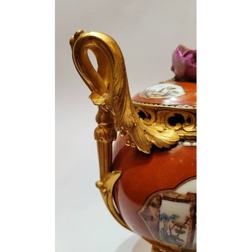 96 - AN ORMOLU MOUNTED MEISSEN PORCELAIN LIDDED VESSEL, the lid mounted with a rose blossom finial, the b... 