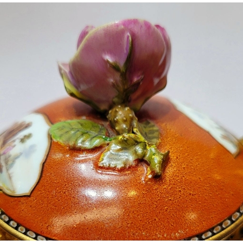 96 - AN ORMOLU MOUNTED MEISSEN PORCELAIN LIDDED VESSEL, the lid mounted with a rose blossom finial, the b... 