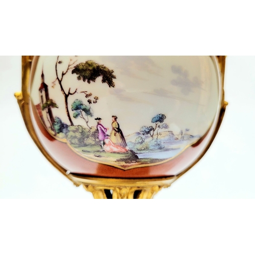 96 - AN ORMOLU MOUNTED MEISSEN PORCELAIN LIDDED VESSEL, the lid mounted with a rose blossom finial, the b... 