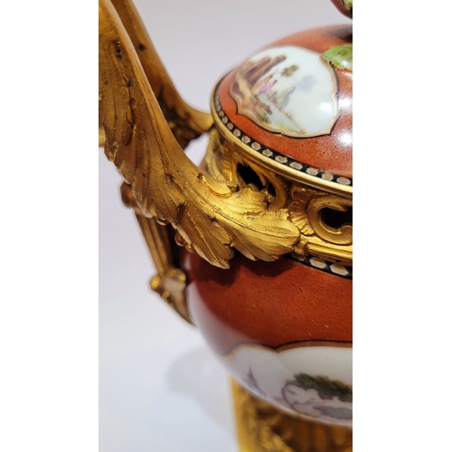 96 - AN ORMOLU MOUNTED MEISSEN PORCELAIN LIDDED VESSEL, the lid mounted with a rose blossom finial, the b... 