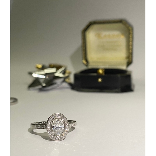 194 - AN EXCEPTIONAL PLATINUM OVAL SOLITAIRE DIAMOND RING, with central oval cut diamond surrounded by dia... 