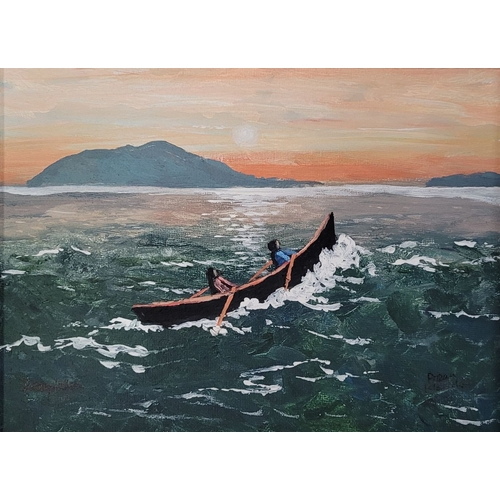 102 - GERRY DILLON, (IRISH 20TH CENTURY), ARRAN ISLANDS - CURRACH, oil on canvas board, signed and dated l... 