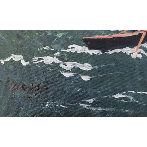 102 - GERRY DILLON, (IRISH 20TH CENTURY), ARRAN ISLANDS - CURRACH, oil on canvas board, signed and dated l... 