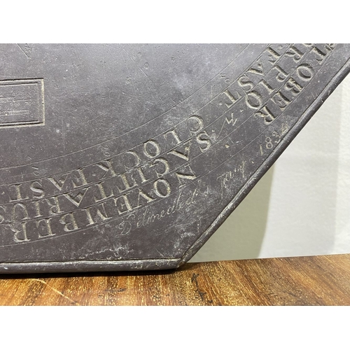 105 - A RARE 19TH CENTURY SUNDIAL PLATE, the octagonal slate engraved with sunburst design to centre, with... 