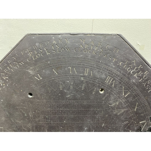 105 - A RARE 19TH CENTURY SUNDIAL PLATE, the octagonal slate engraved with sunburst design to centre, with... 