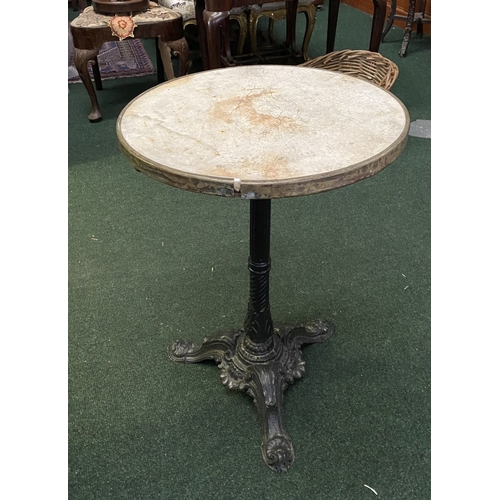 106 - A RARE 19TH CENTURY FRENCH CAST IRON BISTRO TABLE, with original circular marble top on painted colu... 