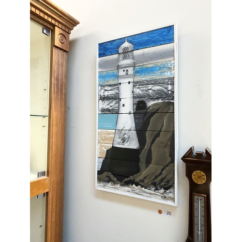 108 - KEN PARKER (Irish, 20th Century), ‘FASTNET LIGHTHOUSE’, encaustic on wooden panels, signed lower rig... 